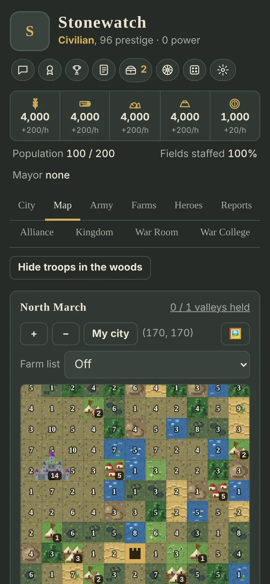 The world map, with valley and NPC city levels on each tile