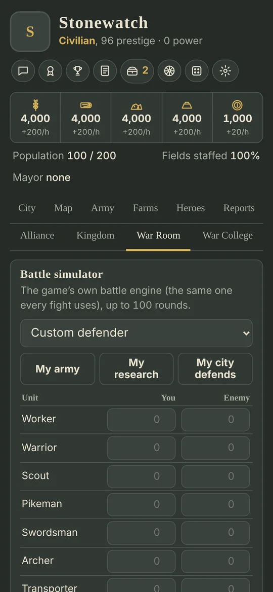 The battle simulator with troop counts for both sides